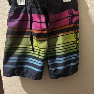 Boys Black Swim Trunks with Rainbow Stripe Print